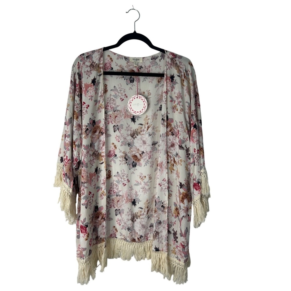 Umgee Boho Floral Fringe Open Front Cardigan Size M/L Wrap Cover Up‎ Kimono